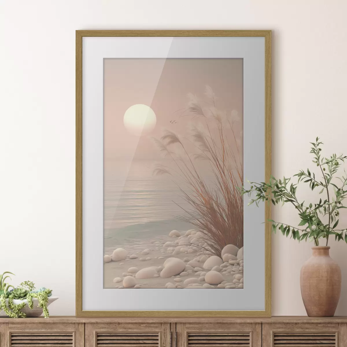 Poster Ruhiges Ufer mit Gräsern im Morgengrauen f49949