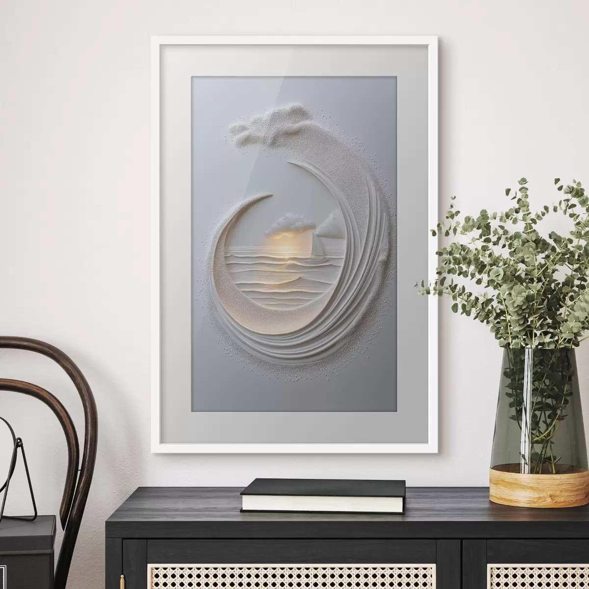 Poster Meereslandschaft mit einem Segelboot und einem Relief-Effekt f49950