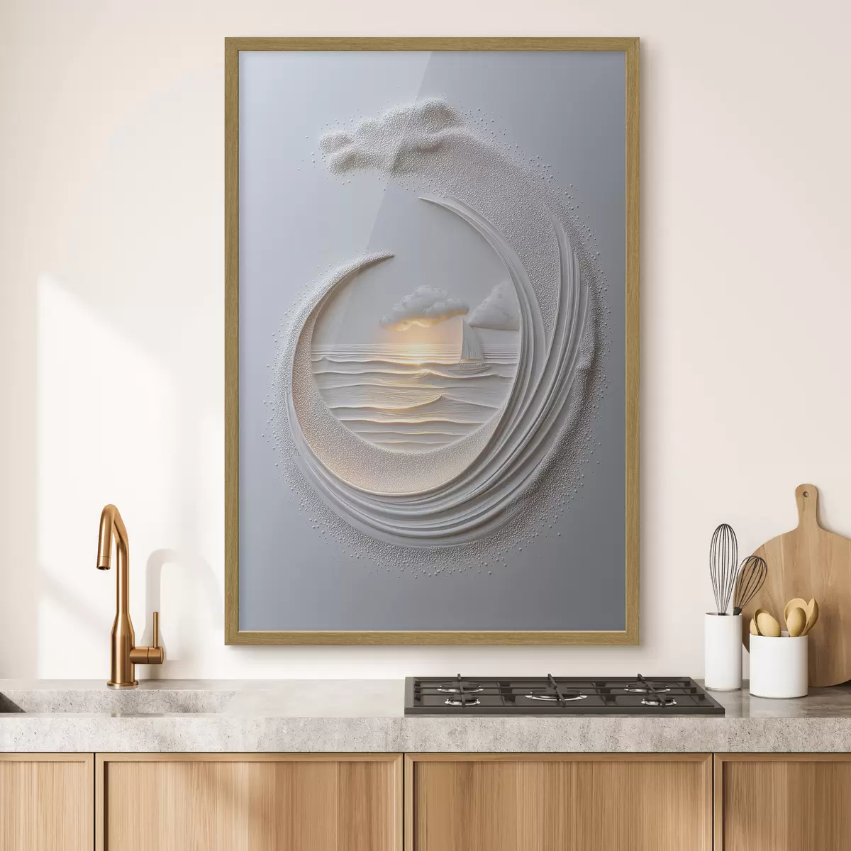Poster Meereslandschaft mit einem Segelboot und einem Relief-Effekt f49950