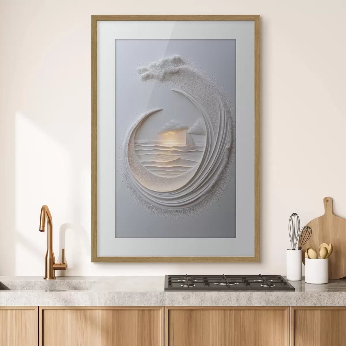 Poster Meereslandschaft mit einem Segelboot und einem Relief-Effekt f49950