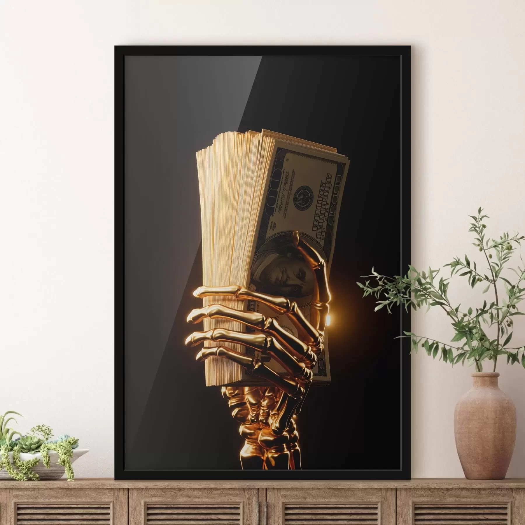 Fototapete Metallfigur, die einen Stapel Banknoten in der Hand hält f49967
