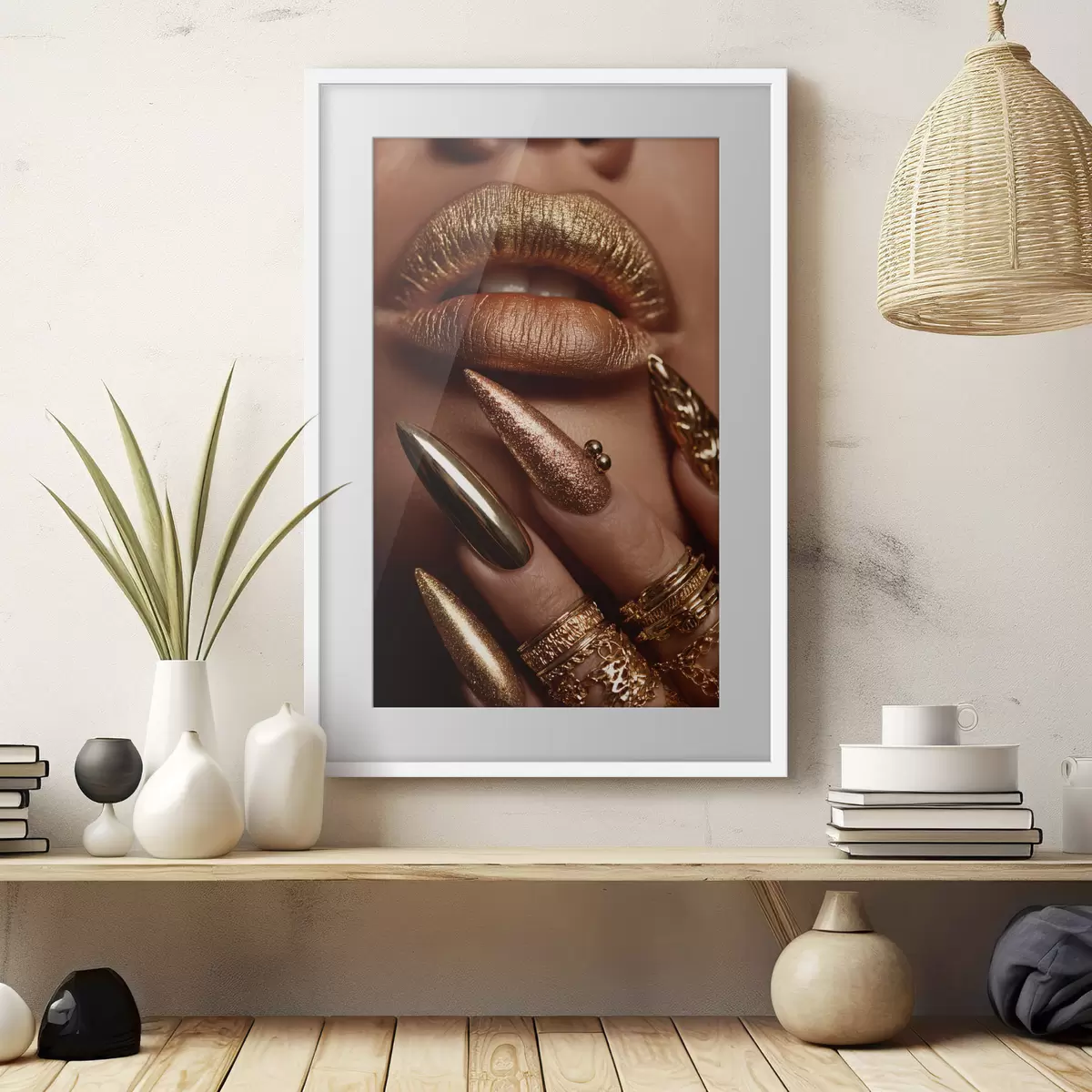 Poster Nahaufnahme von Lippen und Maniküre mit metallischem Glanz f49976