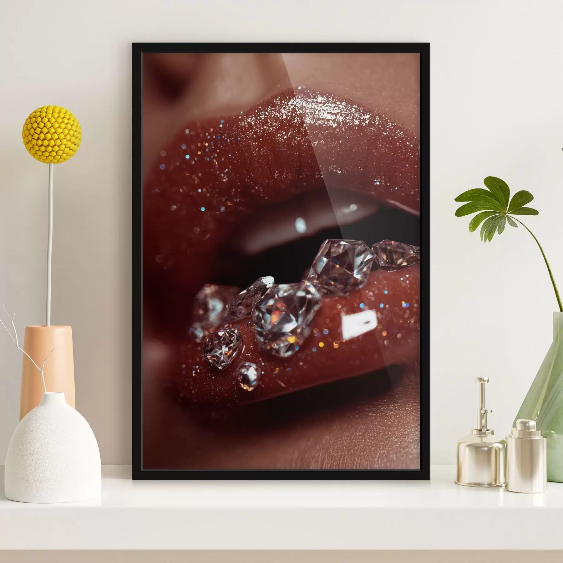 Fototapete Nahaufnahme von glänzenden Lippen mit transparenten Kristallen f49977