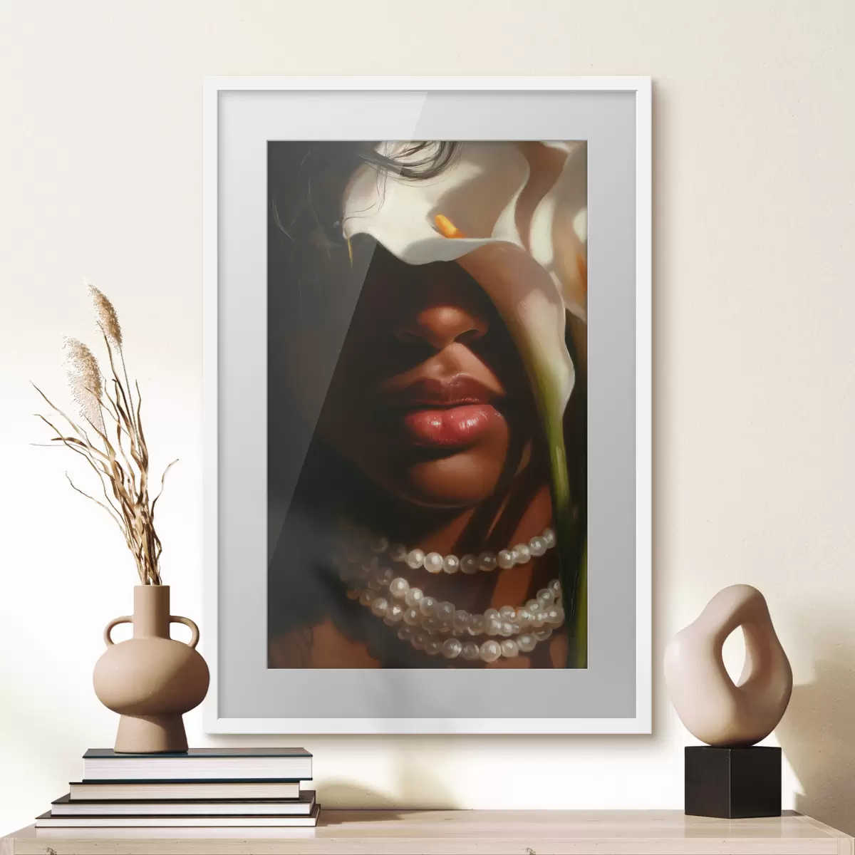 Poster Porträt mit weißen Blumen und einer Perlenkette f49978