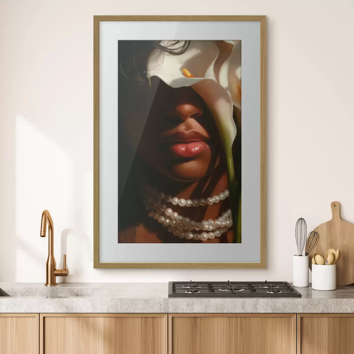 Poster Porträt mit weißen Blumen und einer Perlenkette f49978