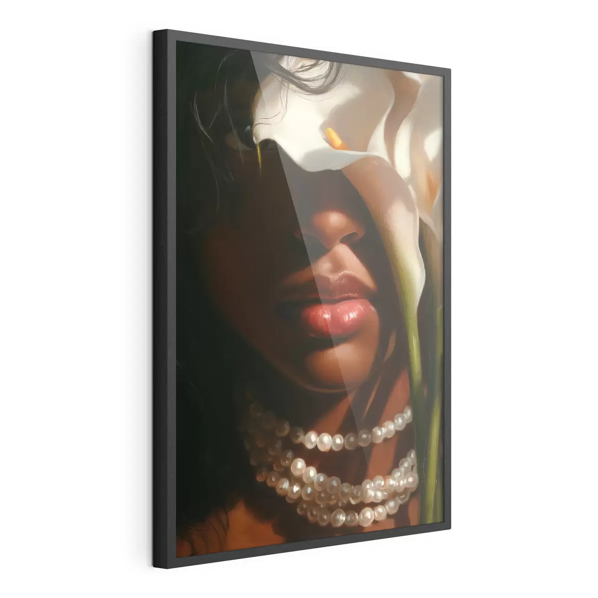 Poster Porträt mit weißen Blumen und einer Perlenkette f49978