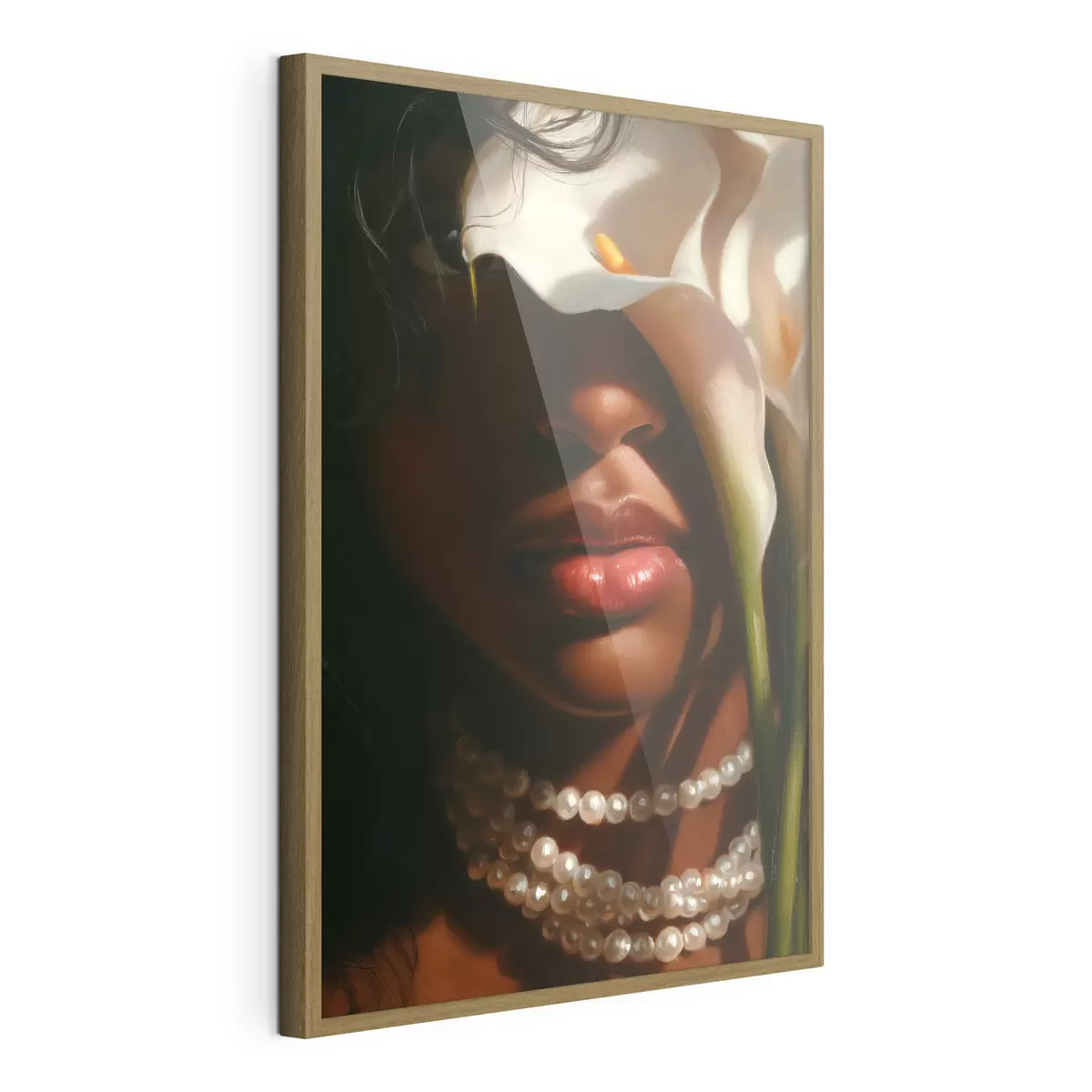 Poster Porträt mit weißen Blumen und einer Perlenkette f49978