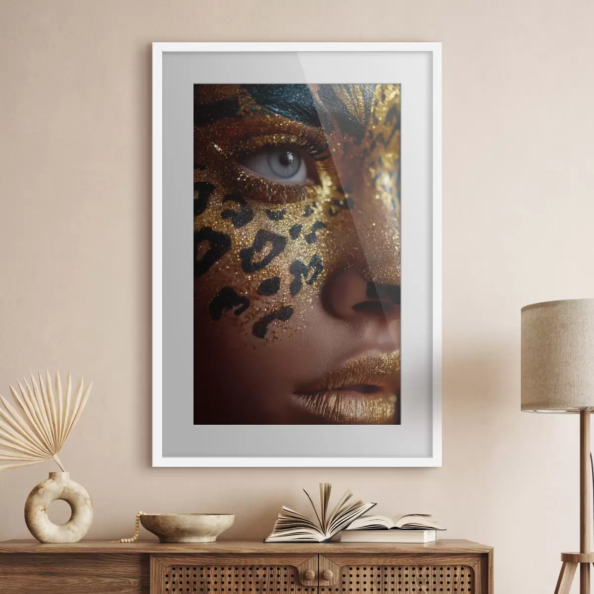 Poster Nahaufnahme-Porträt mit glänzendem Make-up im Animal-Print-Look f49979