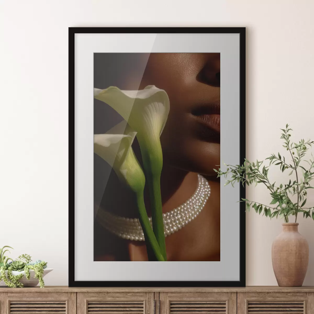 Poster Porträt mit weißen Blumen in sanftem Licht f49980