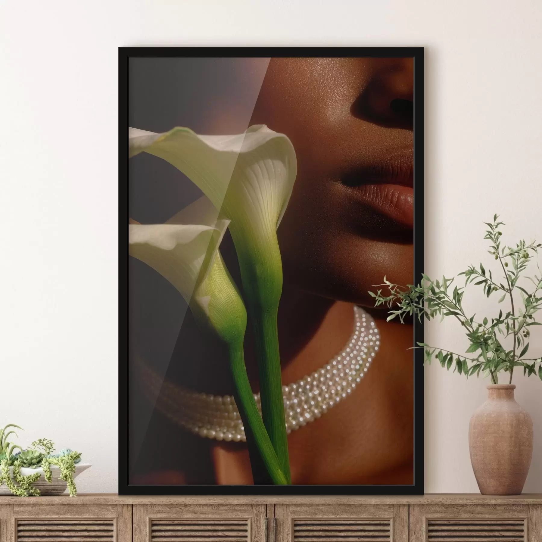 Fototapete Porträt mit weißen Blumen in sanftem Licht f49980