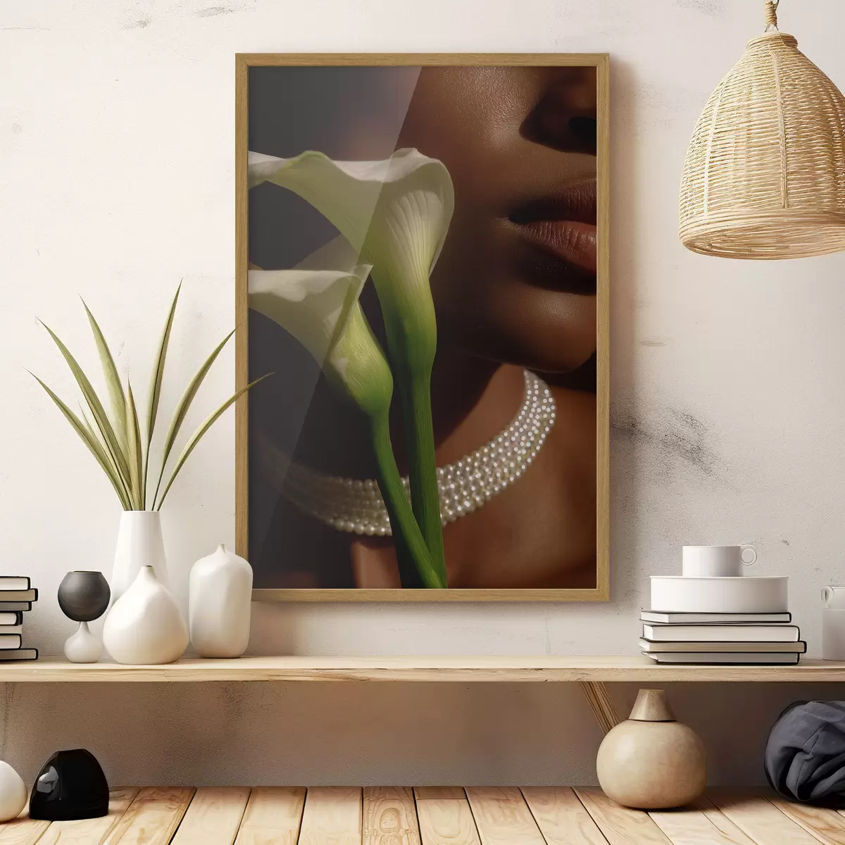 Poster Porträt mit weißen Blumen in sanftem Licht f49980
