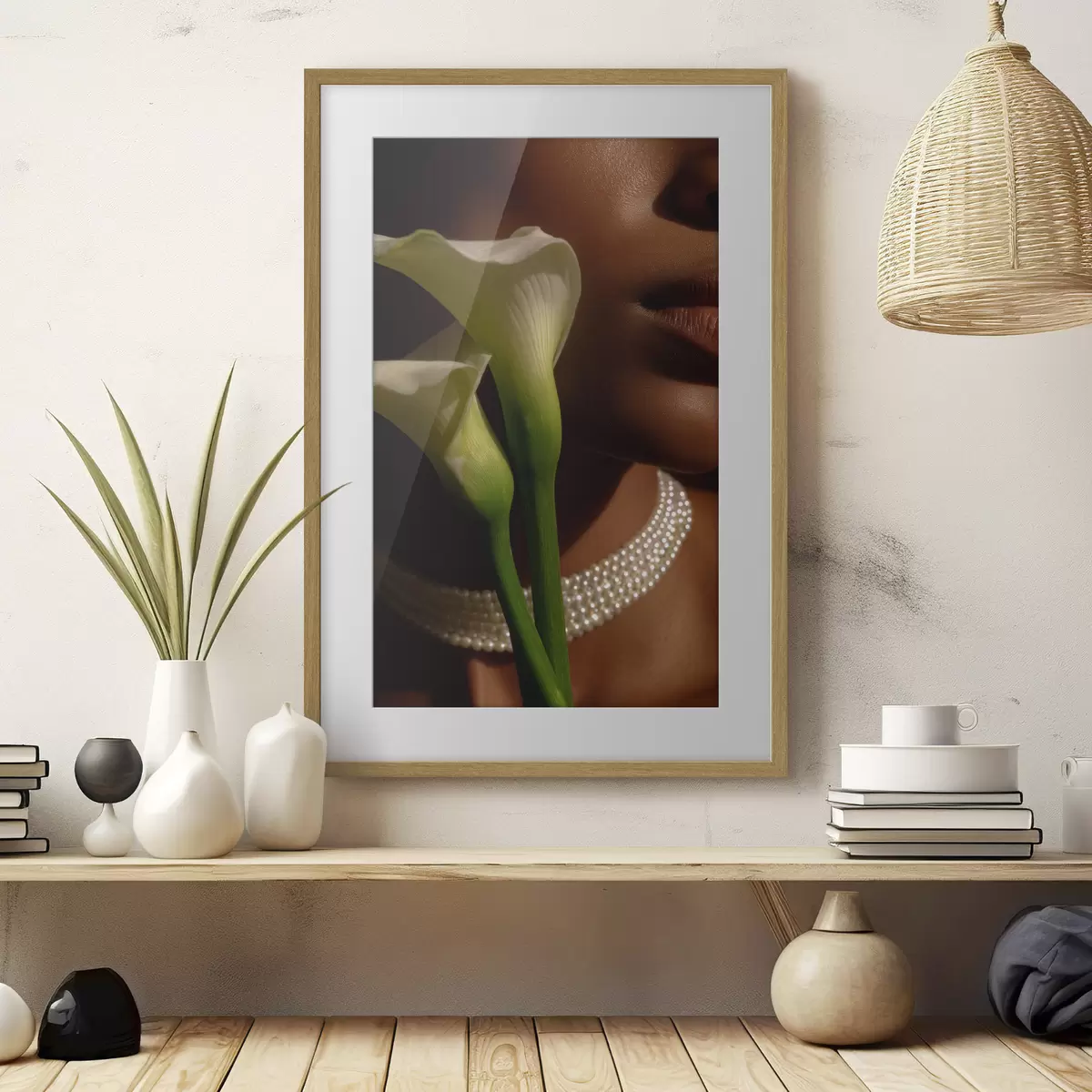 Poster Porträt mit weißen Blumen in sanftem Licht f49980