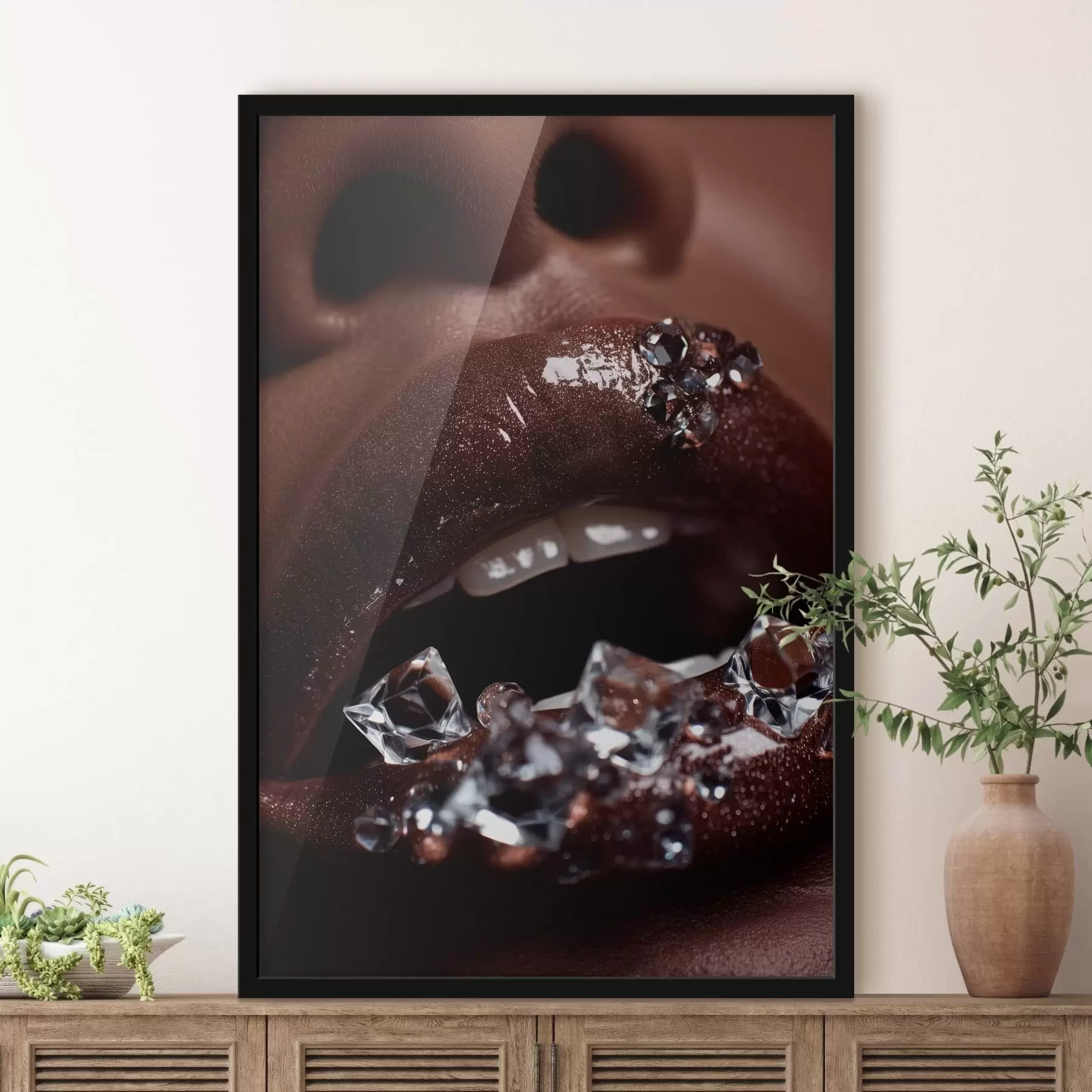 Fototapete Nahaufnahme von glänzenden Lippen mit transparenten Kristallen f49983