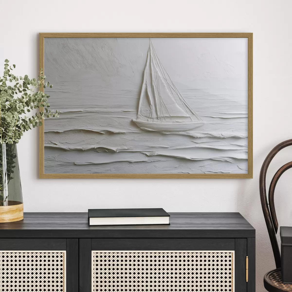 Poster Minimalistisches Segelboot auf dem Meer mit Relief-Effekt f49984