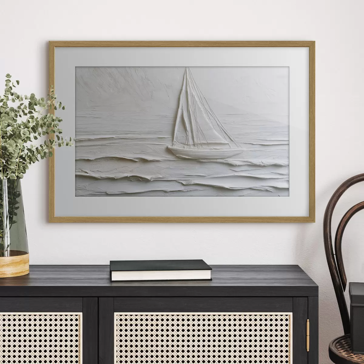 Poster Minimalistisches Segelboot auf dem Meer mit Relief-Effekt f49984