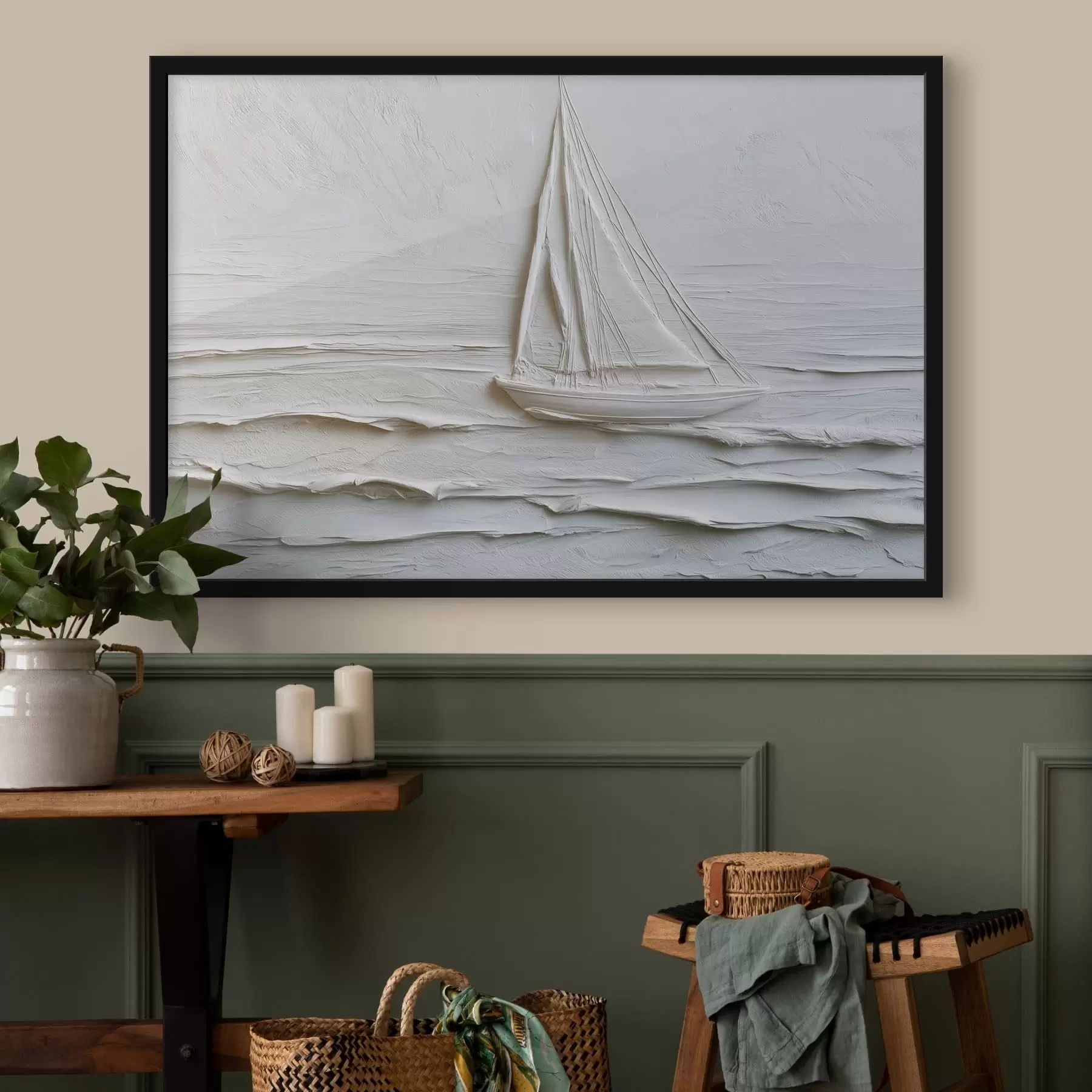 Fototapete Minimalistisches Segelboot auf dem Meer mit Relief-Effekt f49984