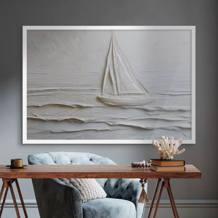 Fototapete Minimalistisches Segelboot auf dem Meer mit Relief-Effekt f49984