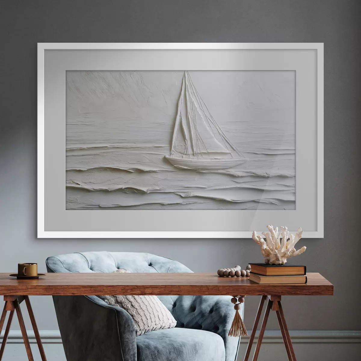 Poster Minimalistisches Segelboot auf dem Meer mit Relief-Effekt f49984