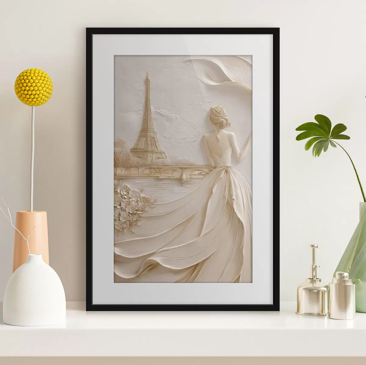 Poster Komposition mit einer Frau in der Nähe eines berühmten Turms und einem Relief-Effekt f49985