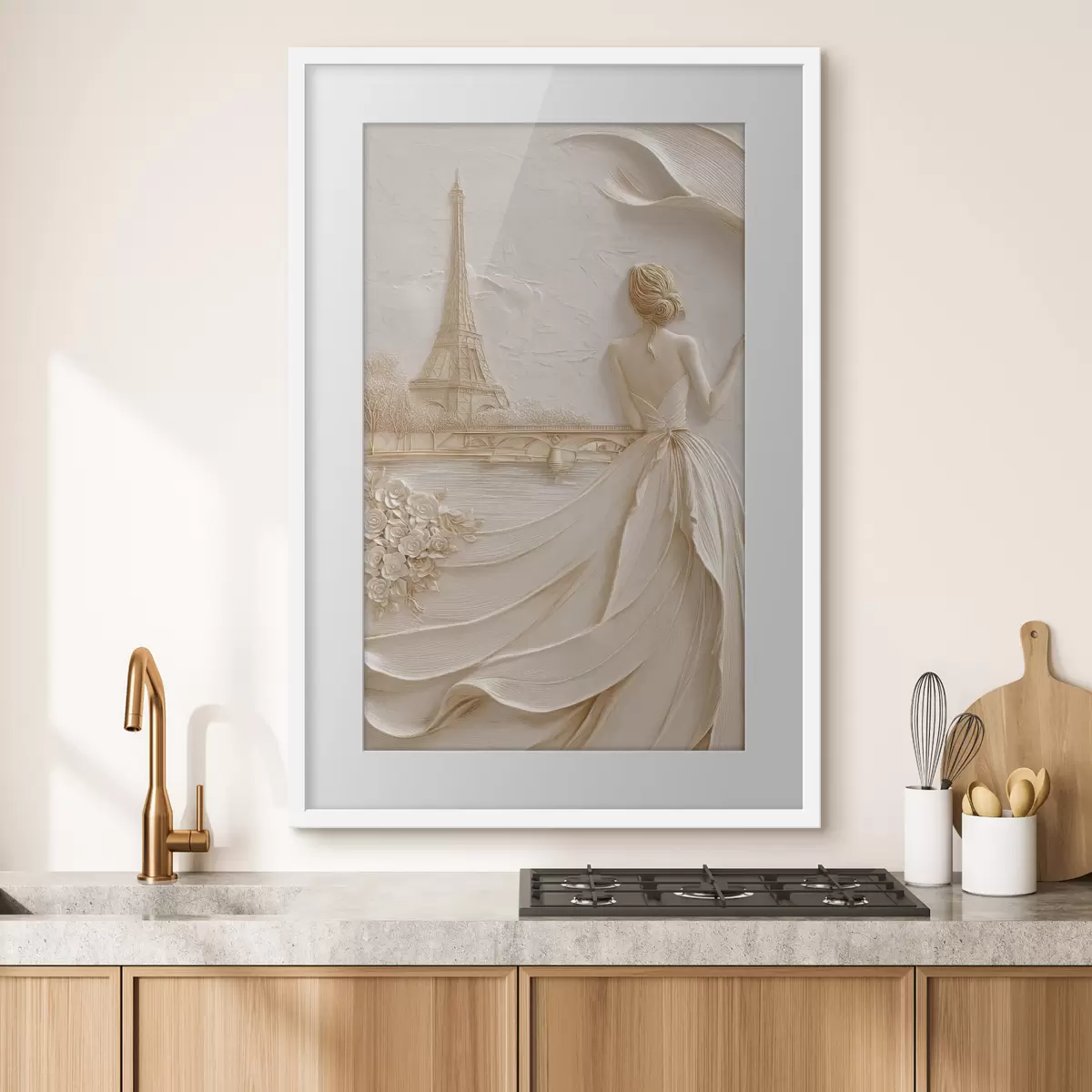 Poster Komposition mit einer Frau in der Nähe eines berühmten Turms und einem Relief-Effekt f49985
