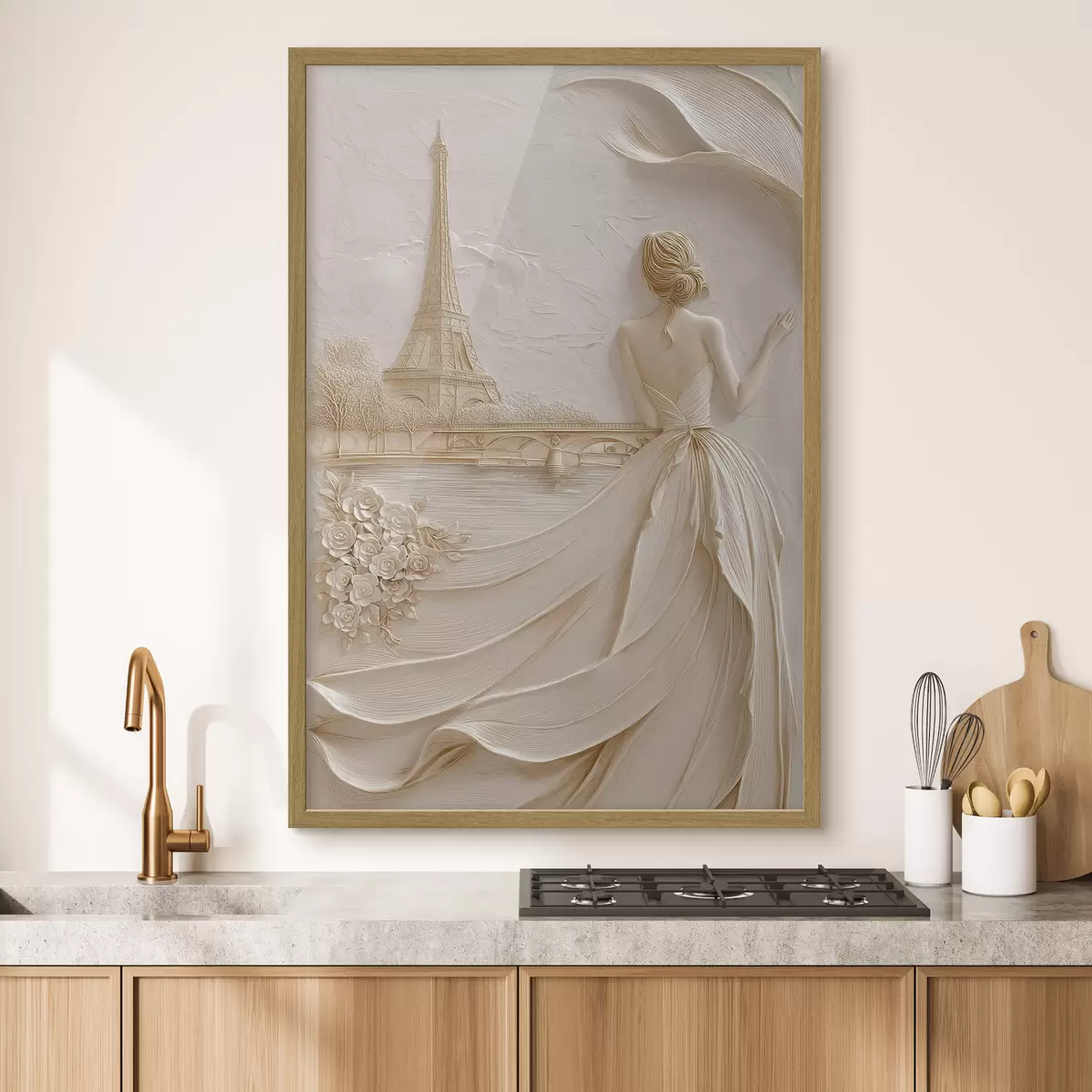 Poster Komposition mit einer Frau in der Nähe eines berühmten Turms und einem Relief-Effekt f49985