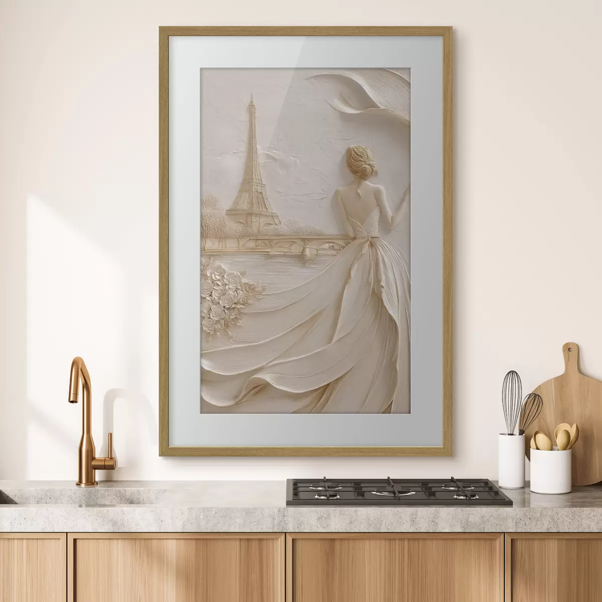 Poster Komposition mit einer Frau in der Nähe eines berühmten Turms und einem Relief-Effekt f49985