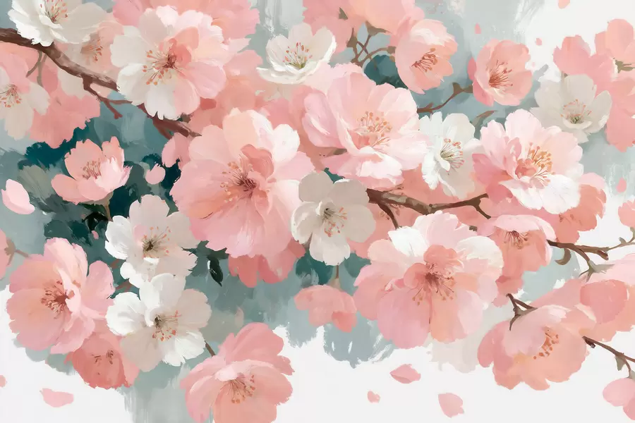 Fototapete Blühende Kirschbäume mit rosa und weißen Blüten im Ölgemälde-Stil w09912