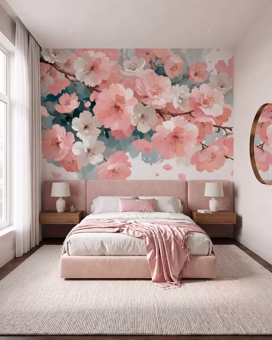 Fototapete Blühende Kirschbäume mit rosa und weißen Blüten im Ölgemälde-Stil w09912