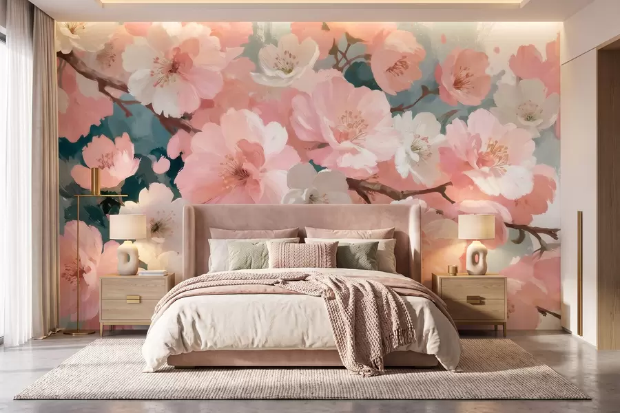 Fototapete Blühende Kirschbäume mit rosa und weißen Blüten im Ölgemälde-Stil w09912