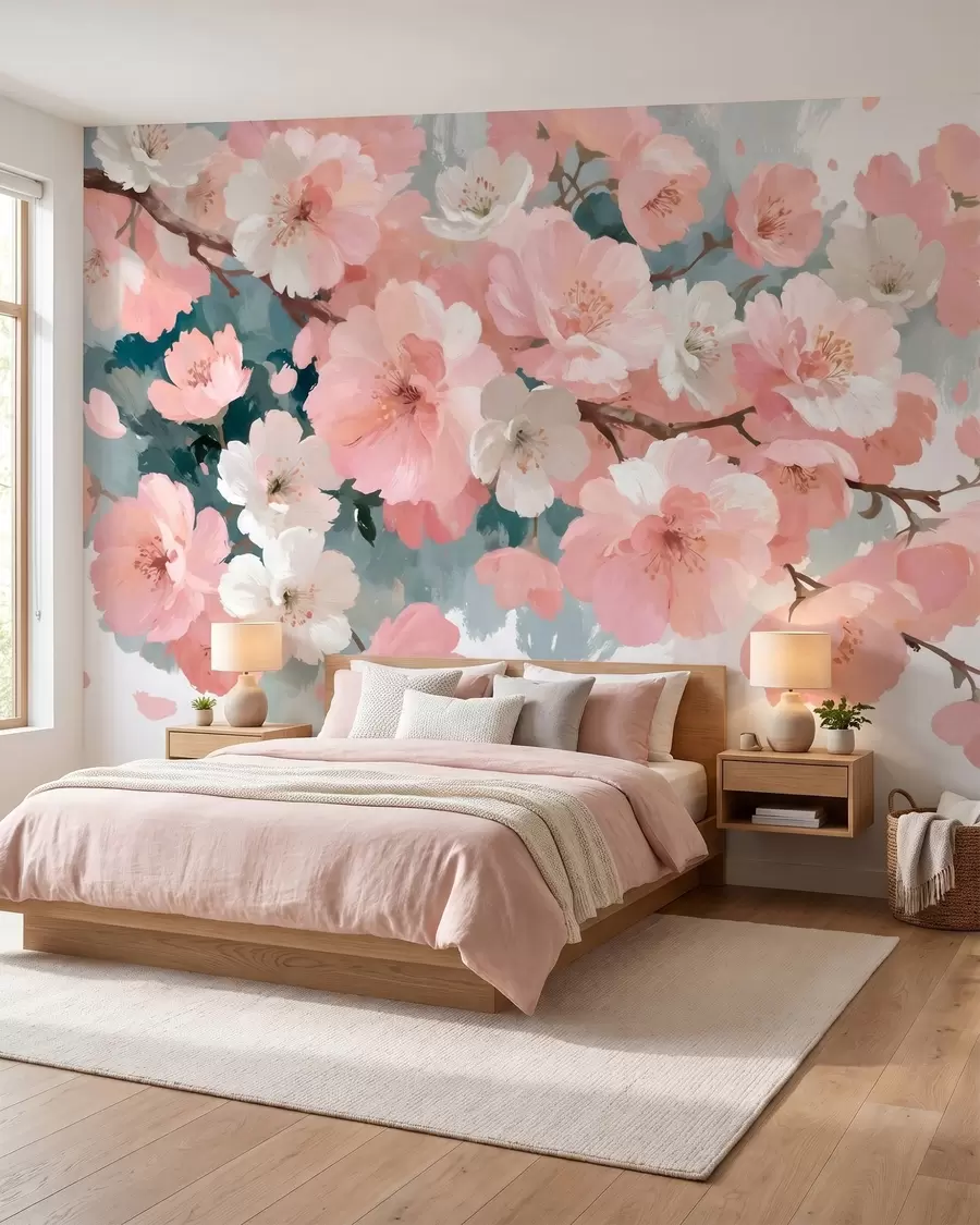 Fototapete Blühende Kirschbäume mit rosa und weißen Blüten im Ölgemälde-Stil w09912