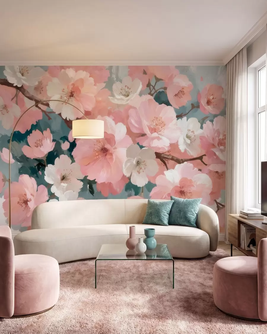 Fototapete Blühende Kirschbäume mit rosa und weißen Blüten im Ölgemälde-Stil w09912