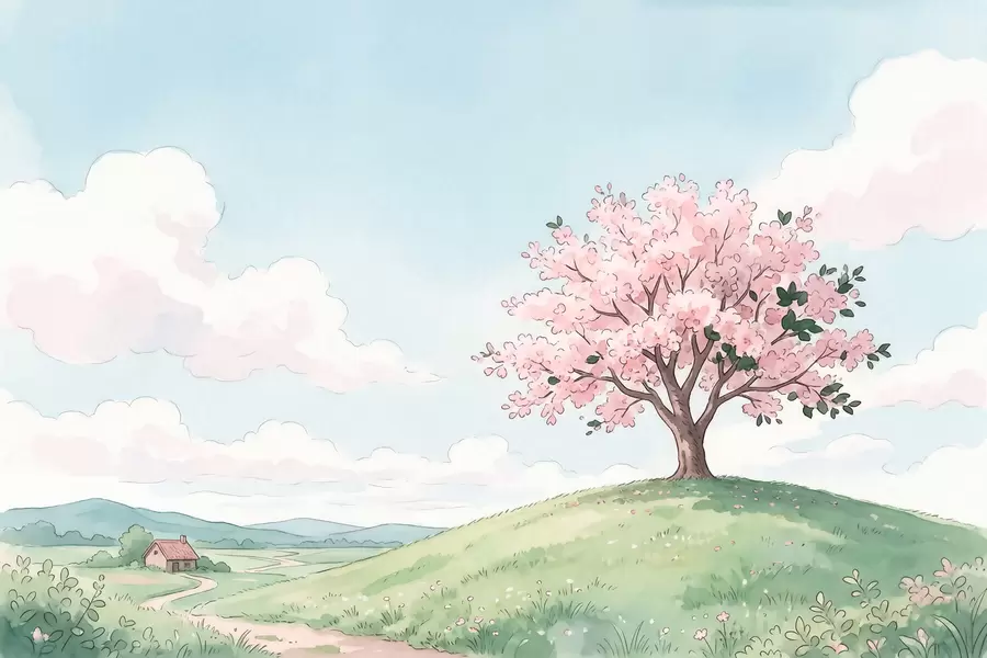 Fototapete Blühender Baum auf einem grünen Hügel mit einer Hütte in der Ferne, Landschaft im Aquarellstil w09954