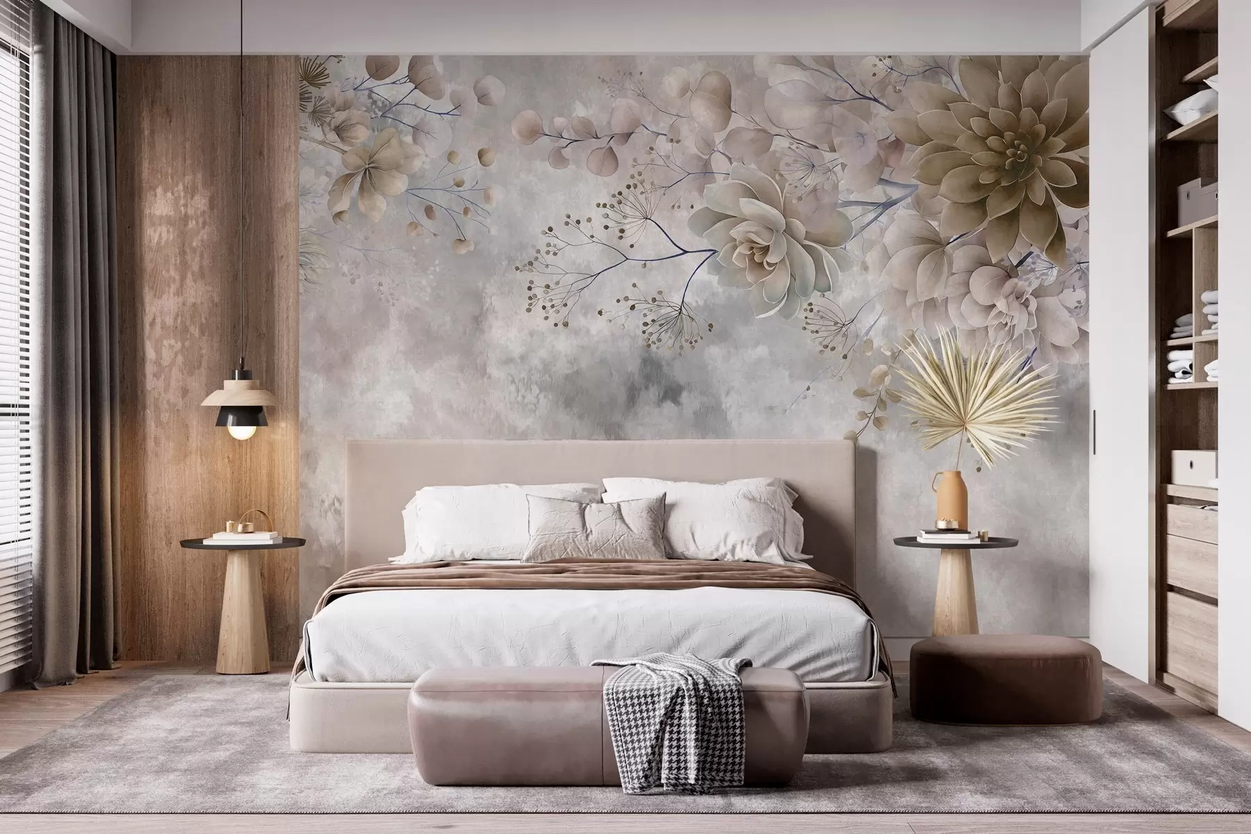 Fototapete Fantasievolle Blumen im Retro-Stil auf dem Bild oben, in Beige- und Brauntönen w05753