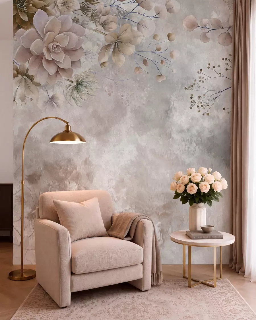 Fototapete Fantasievolle Blumen im Retro-Stil auf dem Bild oben, in Beige- und Brauntönen w05753