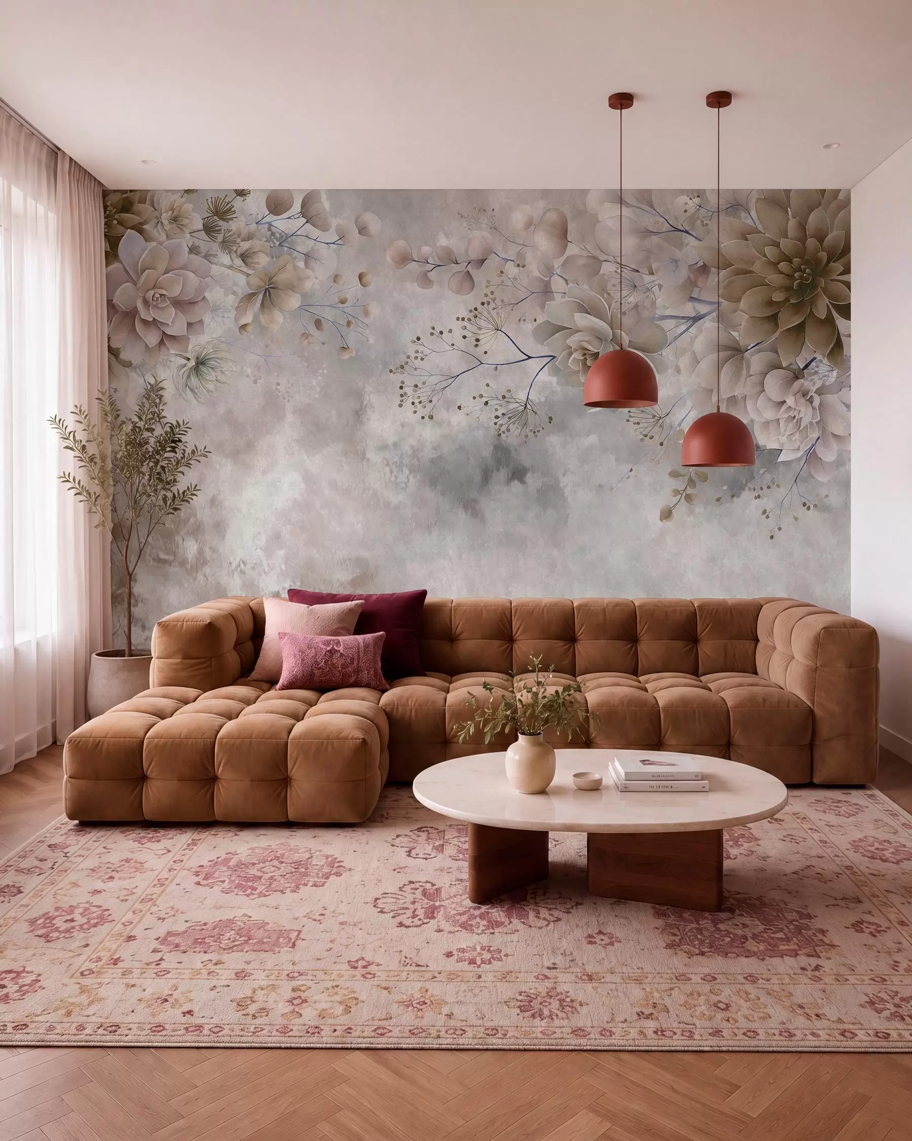 Fototapete Fantasievolle Blumen im Retro-Stil auf dem Bild oben, in Beige- und Brauntönen w05753