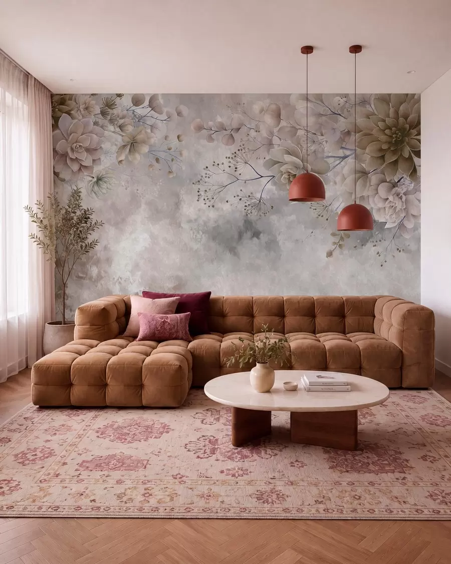 Fototapete Fantasievolle Blumen im Retro-Stil auf dem Bild oben, in Beige- und Brauntönen w05753