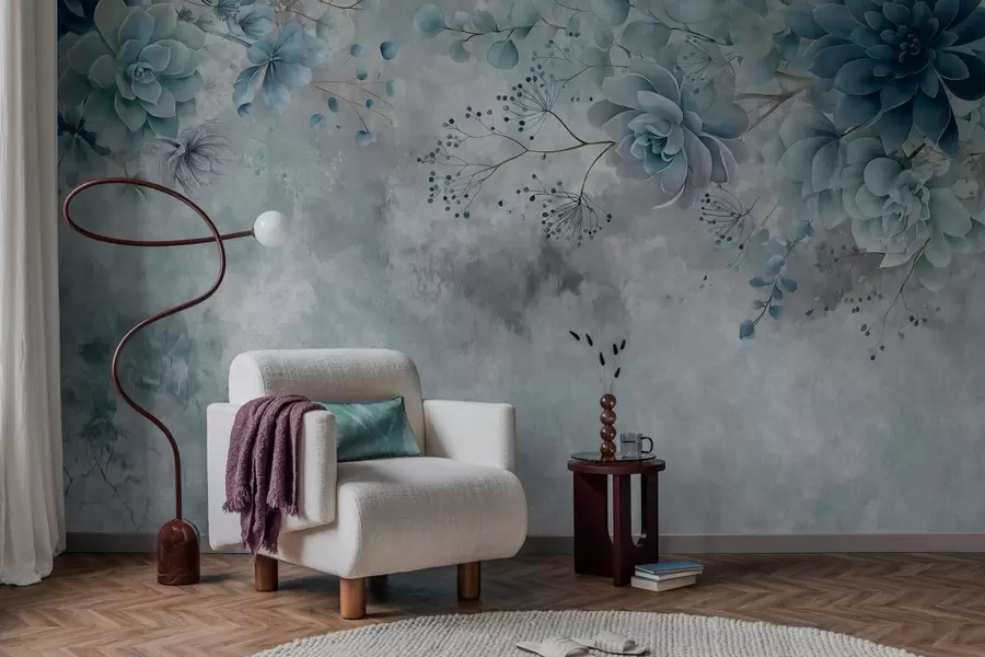 Fototapete Eine Draufsicht auf Fantasieblumen im Retro-Stil in Blau- und Türkistönen w05753v1