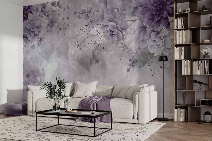 Fototapete Eine Ansicht von oben auf Fantasieblumen im Retro-Stil in verschiedenen Violetttönen w05753v2