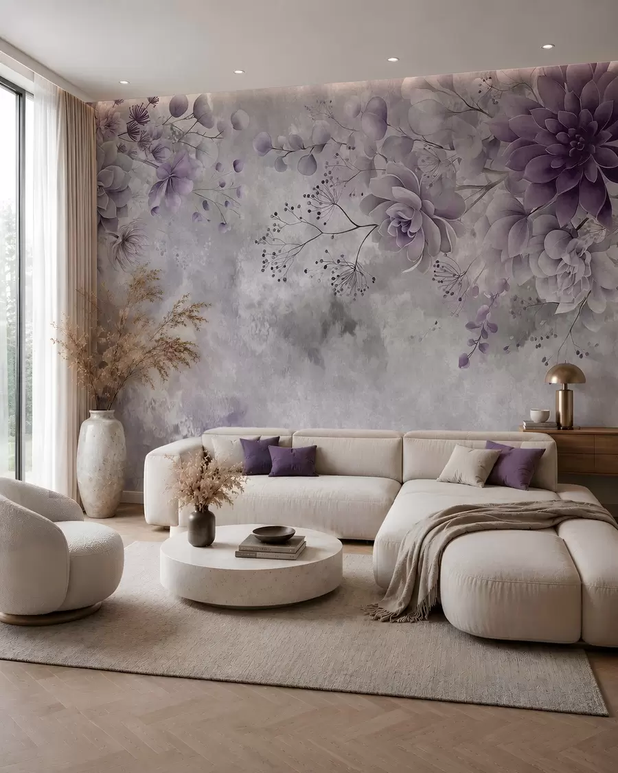 Fototapete Eine Ansicht von oben auf Fantasieblumen im Retro-Stil in verschiedenen Violetttönen w05753v2