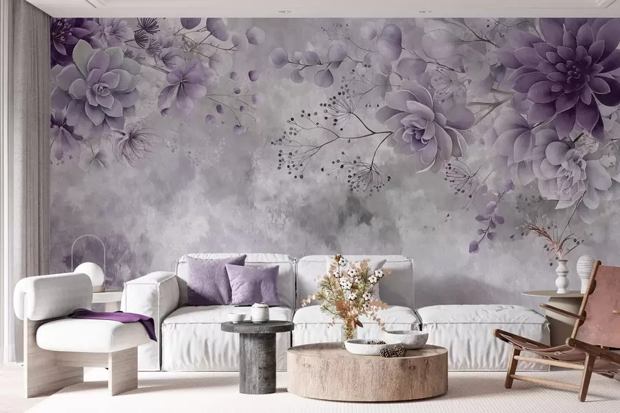 Fototapete Eine Ansicht von oben auf Fantasieblumen im Retro-Stil in verschiedenen Violetttönen w05753v2