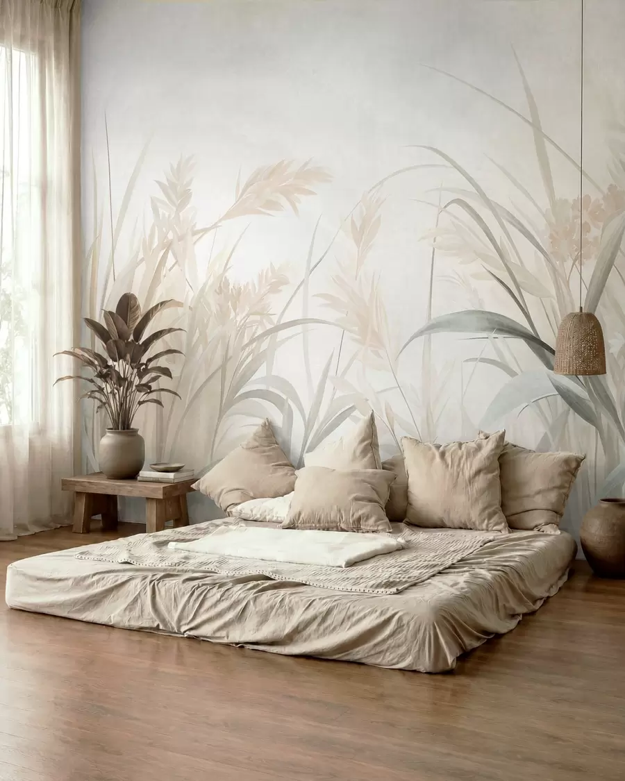 Fototapete Hohes, zartes Gras und Schilf in sanften, gedeckten Beige-, Creme- und Grüntönen, strukturiert w09981