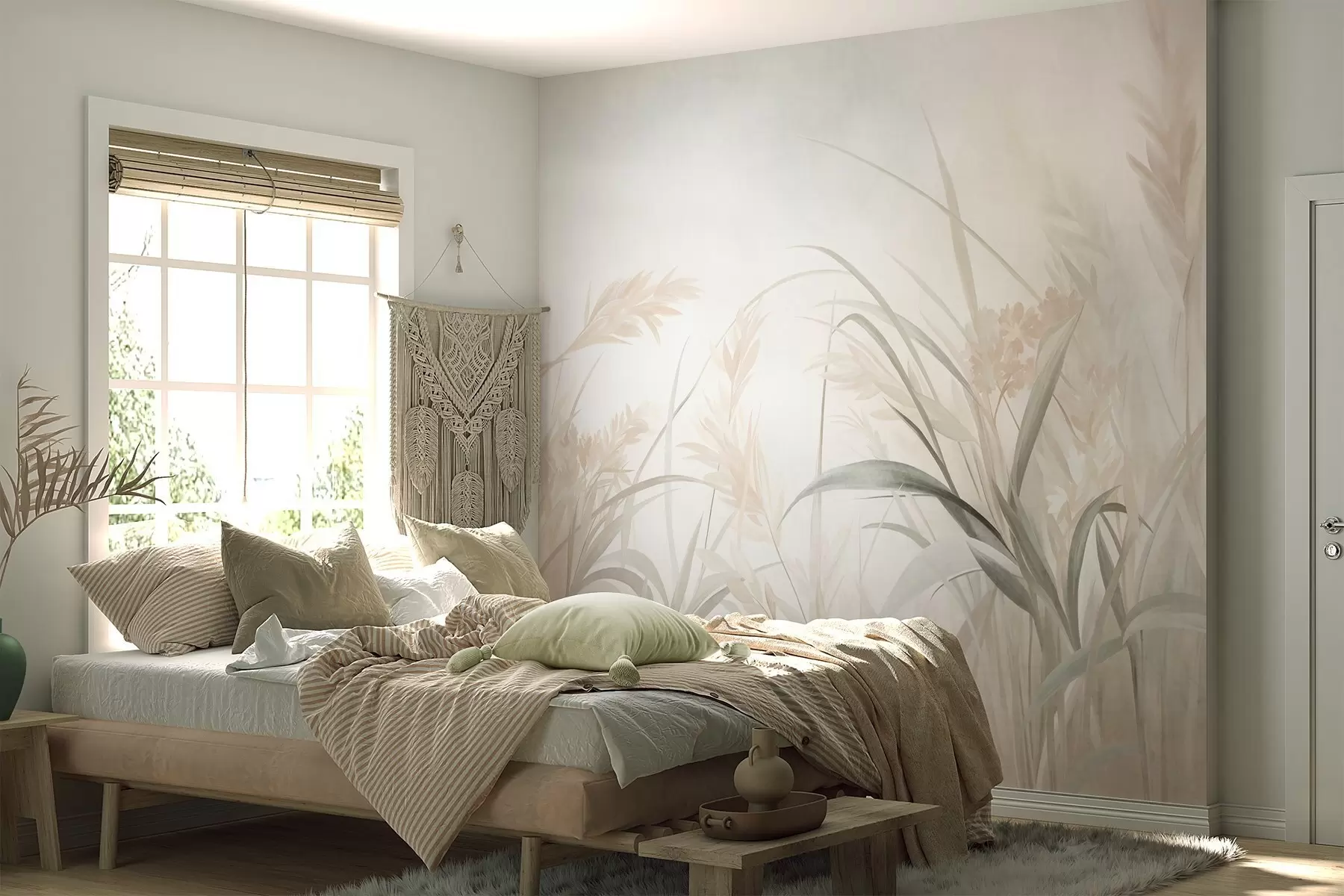 Fototapete Hohes, zartes Gras und Schilf in sanften, gedeckten Beige-, Creme- und Grüntönen, strukturiert w09981