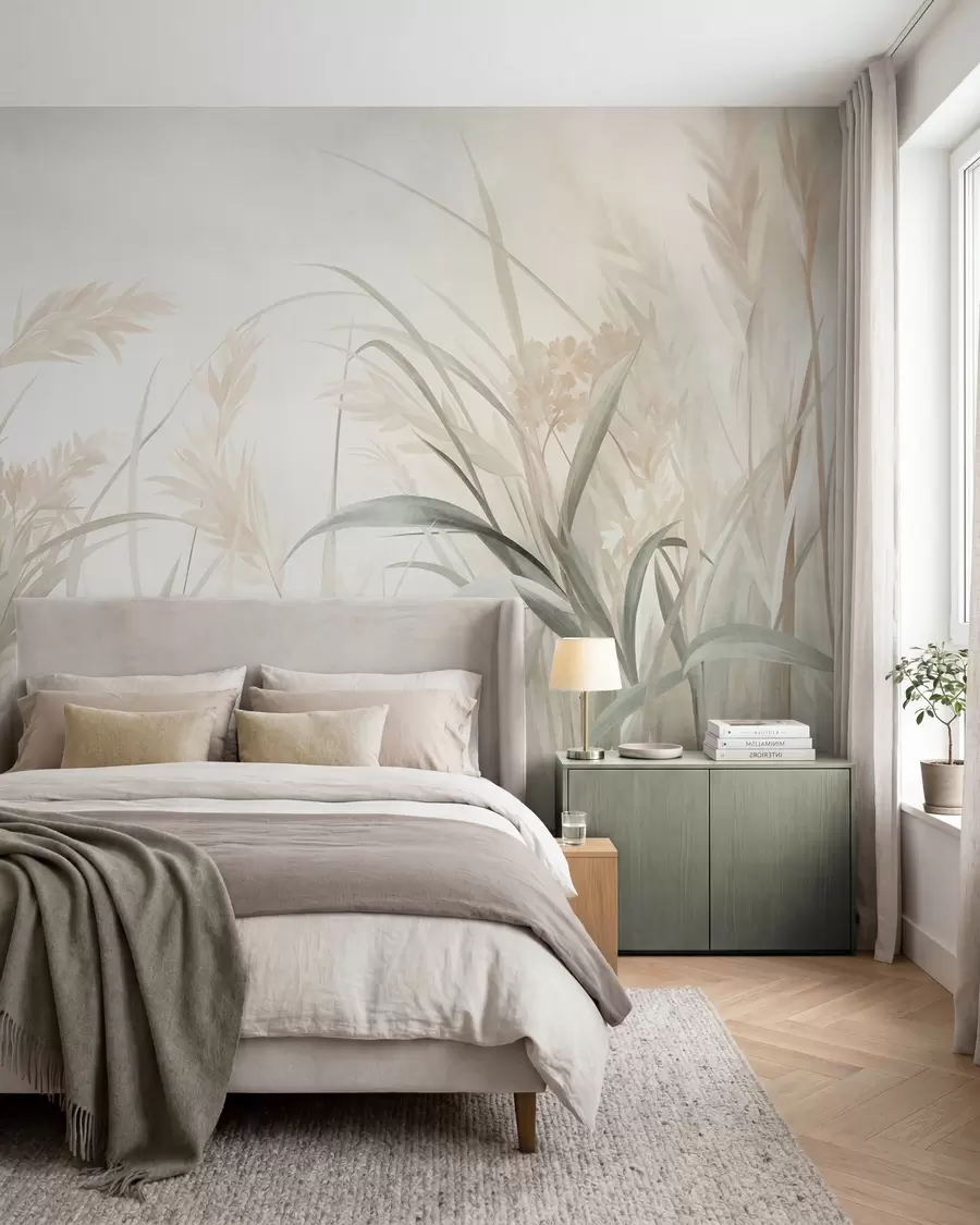 Fototapete Hohes, zartes Gras und Schilf in sanften, gedeckten Beige-, Creme- und Grüntönen, strukturiert w09981