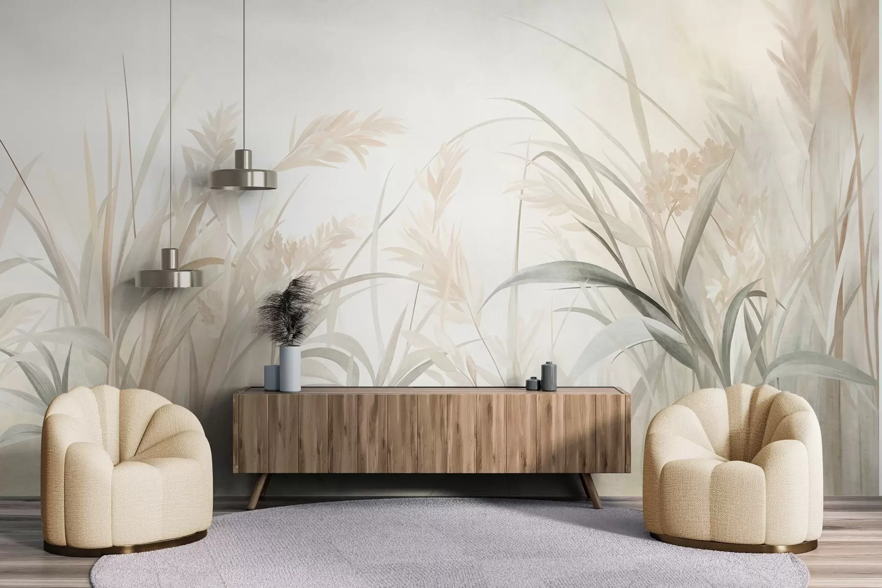 Fototapete Hohes, zartes Gras und Schilf in sanften, gedeckten Beige-, Creme- und Grüntönen, strukturiert w09981