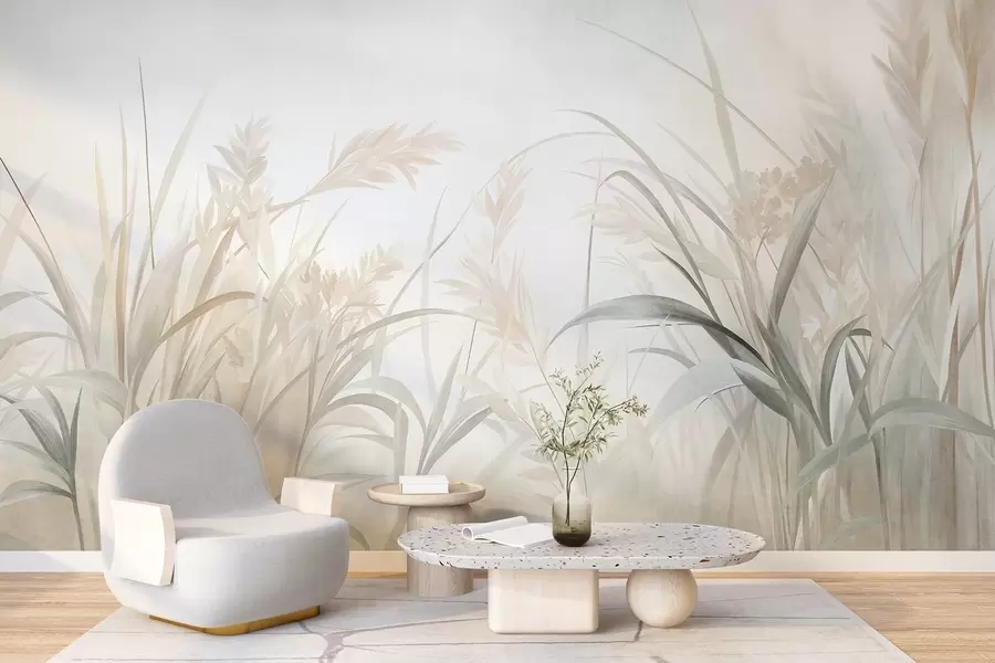 Fototapete Hohes, zartes Gras und Schilf in sanften, gedeckten Beige-, Creme- und Grüntönen, strukturiert w09981