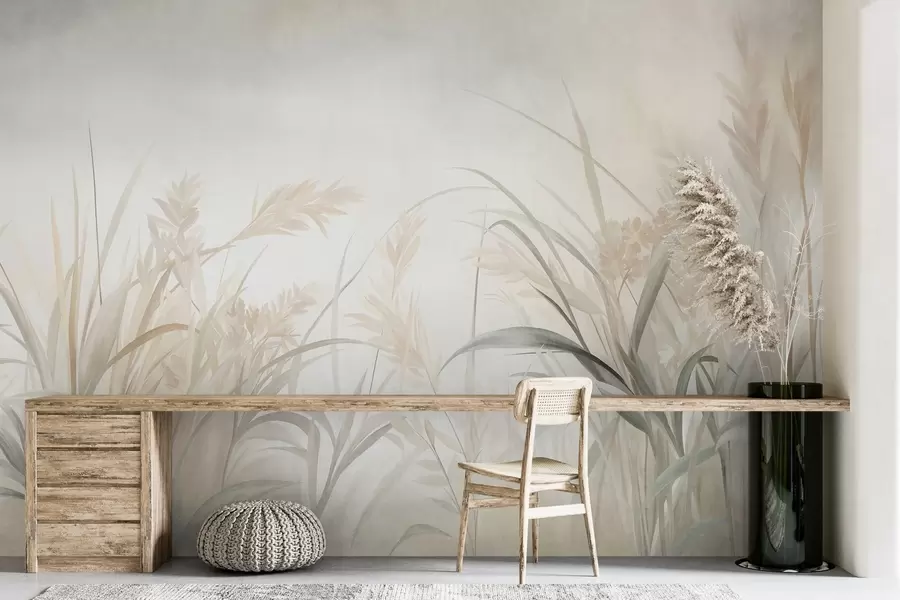 Fototapete Hohes, zartes Gras und Schilf in sanften, gedeckten Beige-, Creme- und Grüntönen, strukturiert w09981