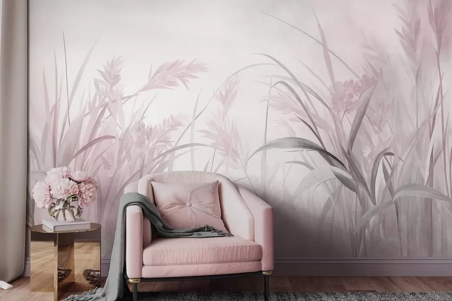 Fototapete Hohes, zartes Gras und Schilf in sanften, gedämpften Rosa- und Grautönen, strukturiert w09981v1