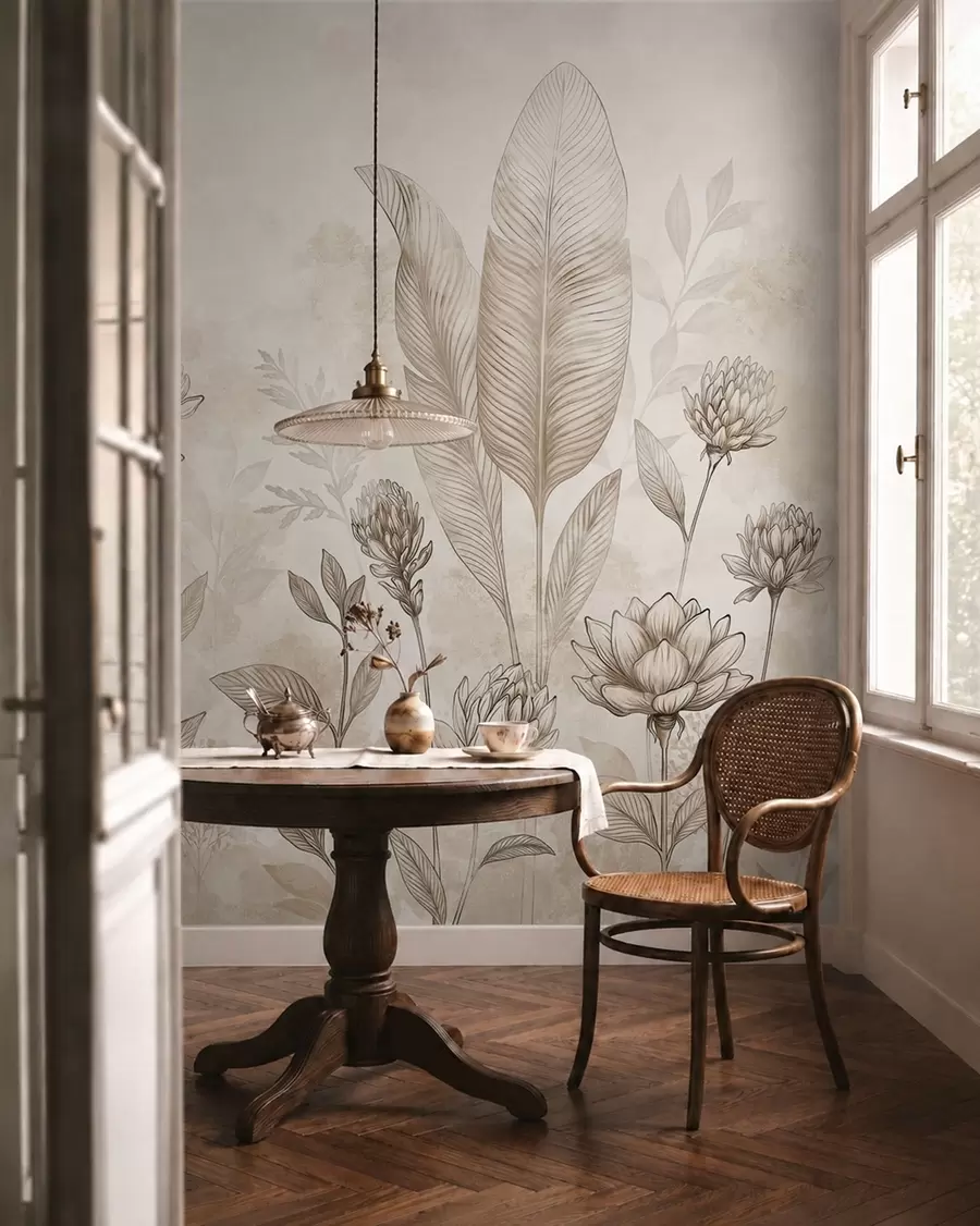 Fototapete Botanische Komposition mit Blüten und Blättern w05802