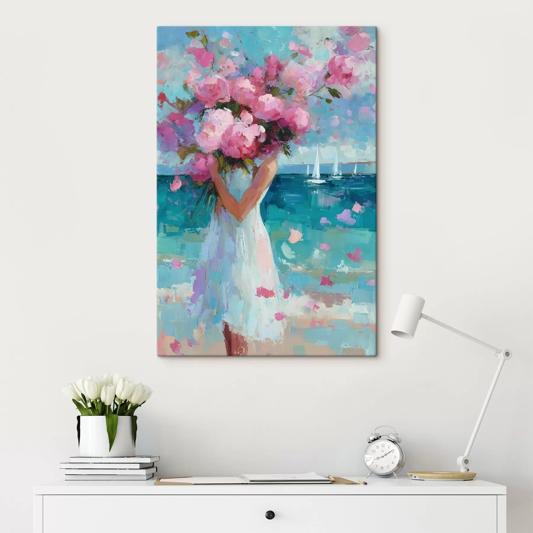 Fototapete Ein Mädchen mit Pfingstrosen vor einer Meereslandschaft, gemalt im Impasto-Stil s49937