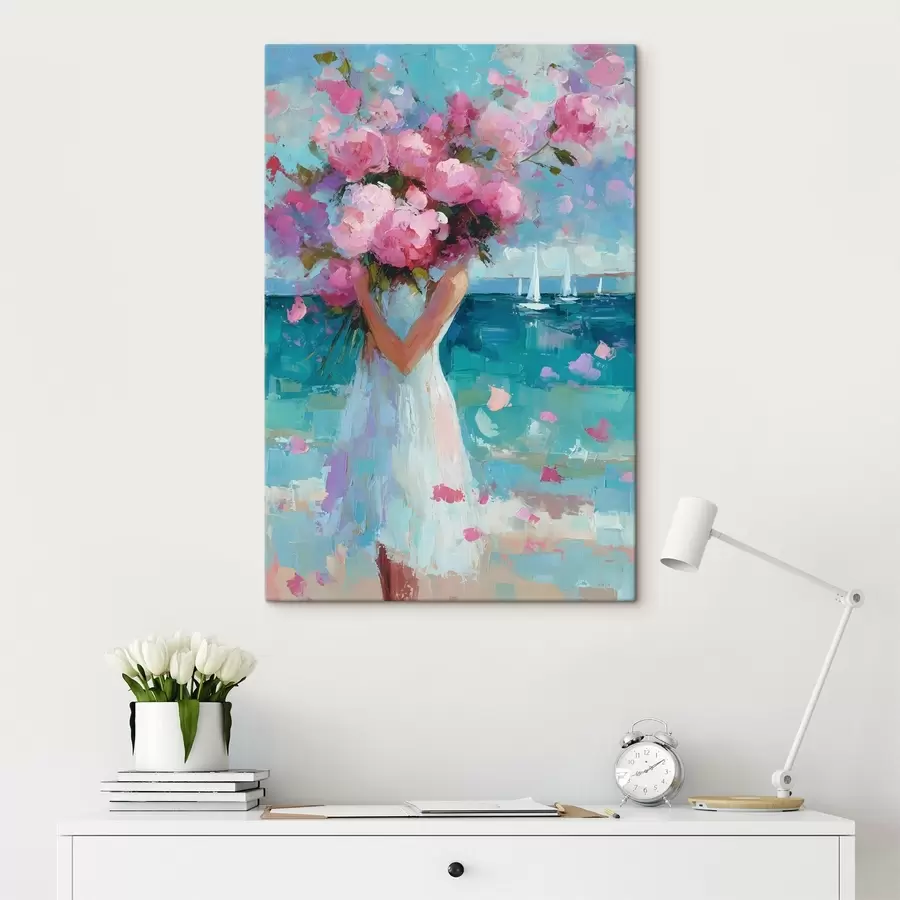 Fototapete Ein Mädchen mit Pfingstrosen vor einer Meereslandschaft, gemalt im Impasto-Stil s49937